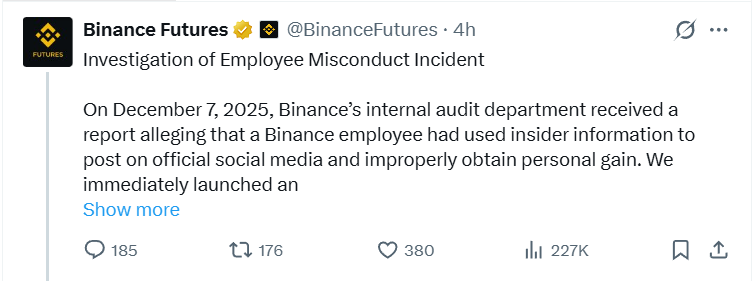 Инсайд в Binance: сотрудник отстранён после подозрительного твита Инсайд в Binance: сотрудник отстранён после подозрительного твита