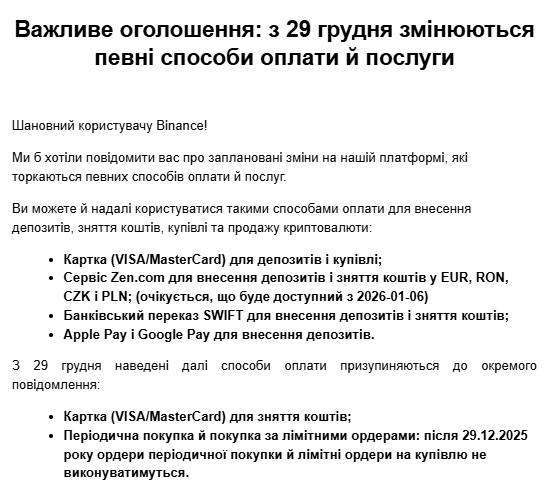 Ограничения для Украины от Binance